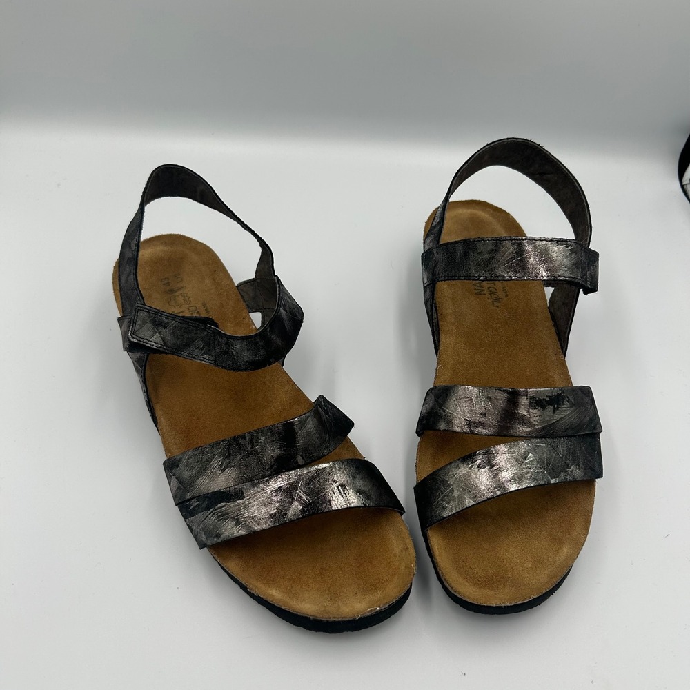Naot Sandals Womens 43 L12 Black Metallic Leather Strappy Comfort Hook Loop